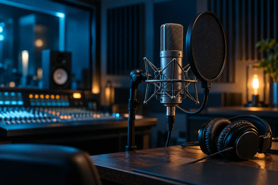 Studio-microfoon met popfilter en hoofdtelefoon