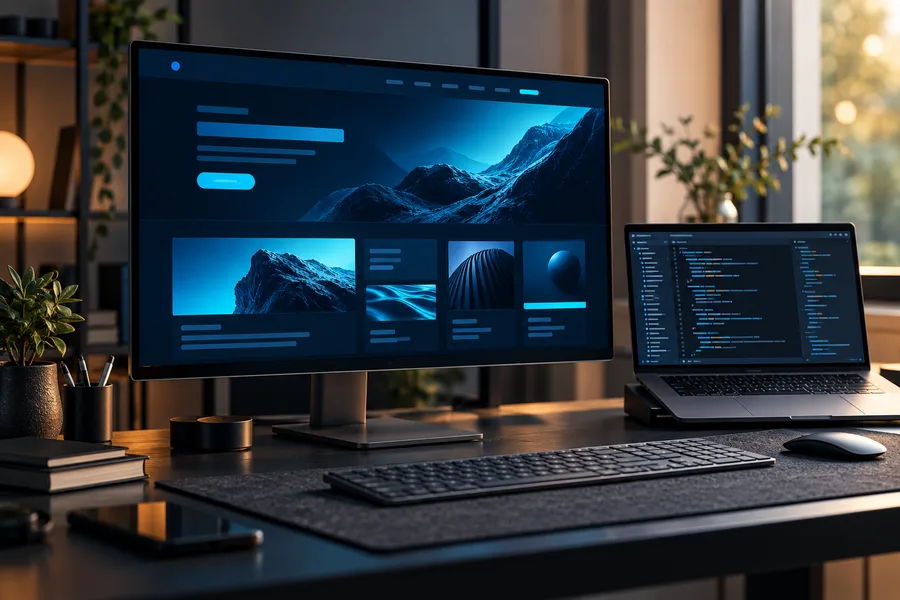 Werkplek met een website op een groot scherm